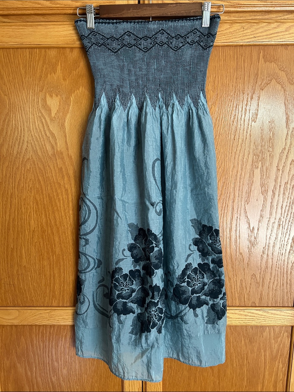 Lapis Silk Smocked Strapless Midi Dress with Floral Detail